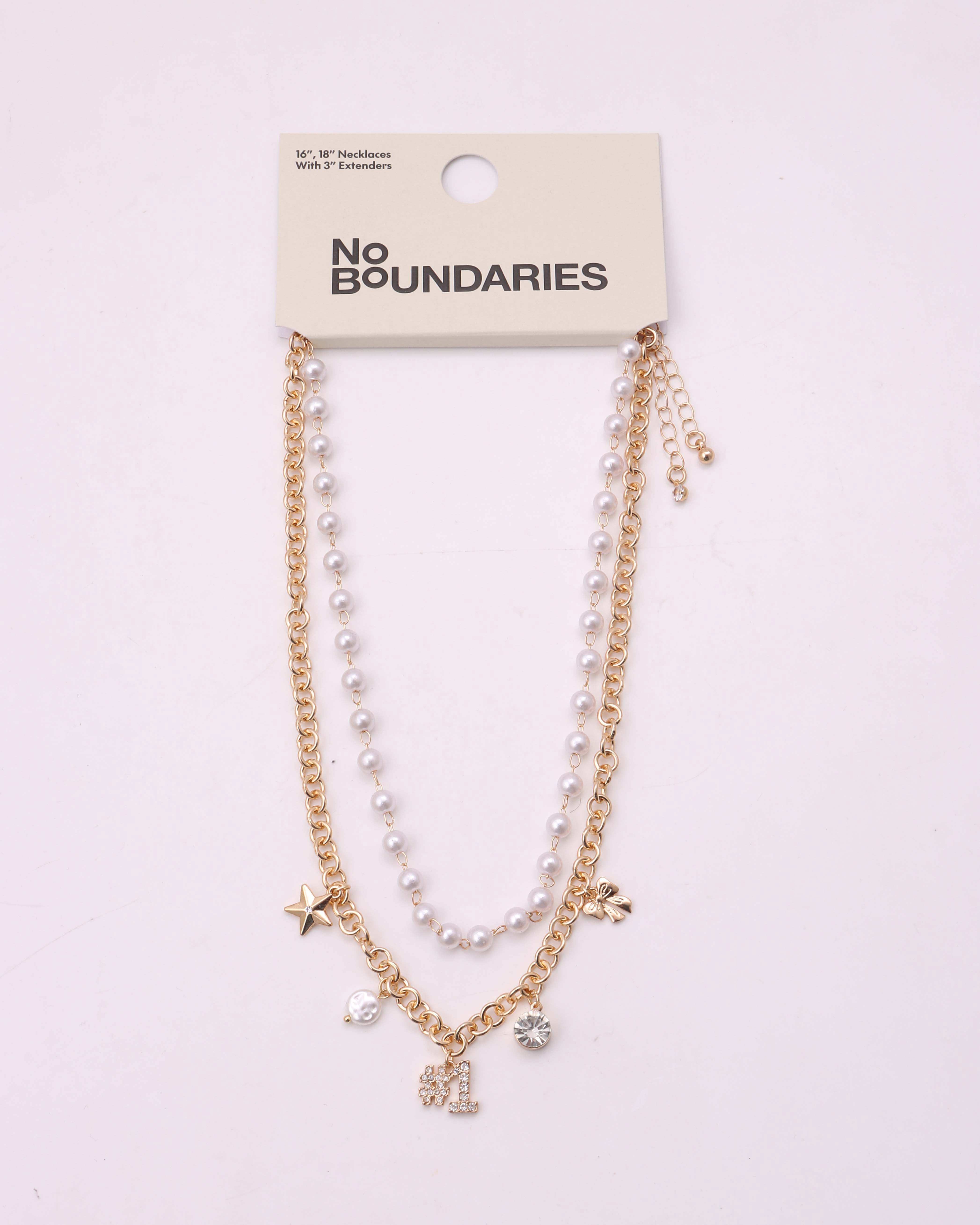 No Boundaries Women's 2 pc Game Day White Beads and Gold Tone Charm Necklace Set With #1, Bow & Star