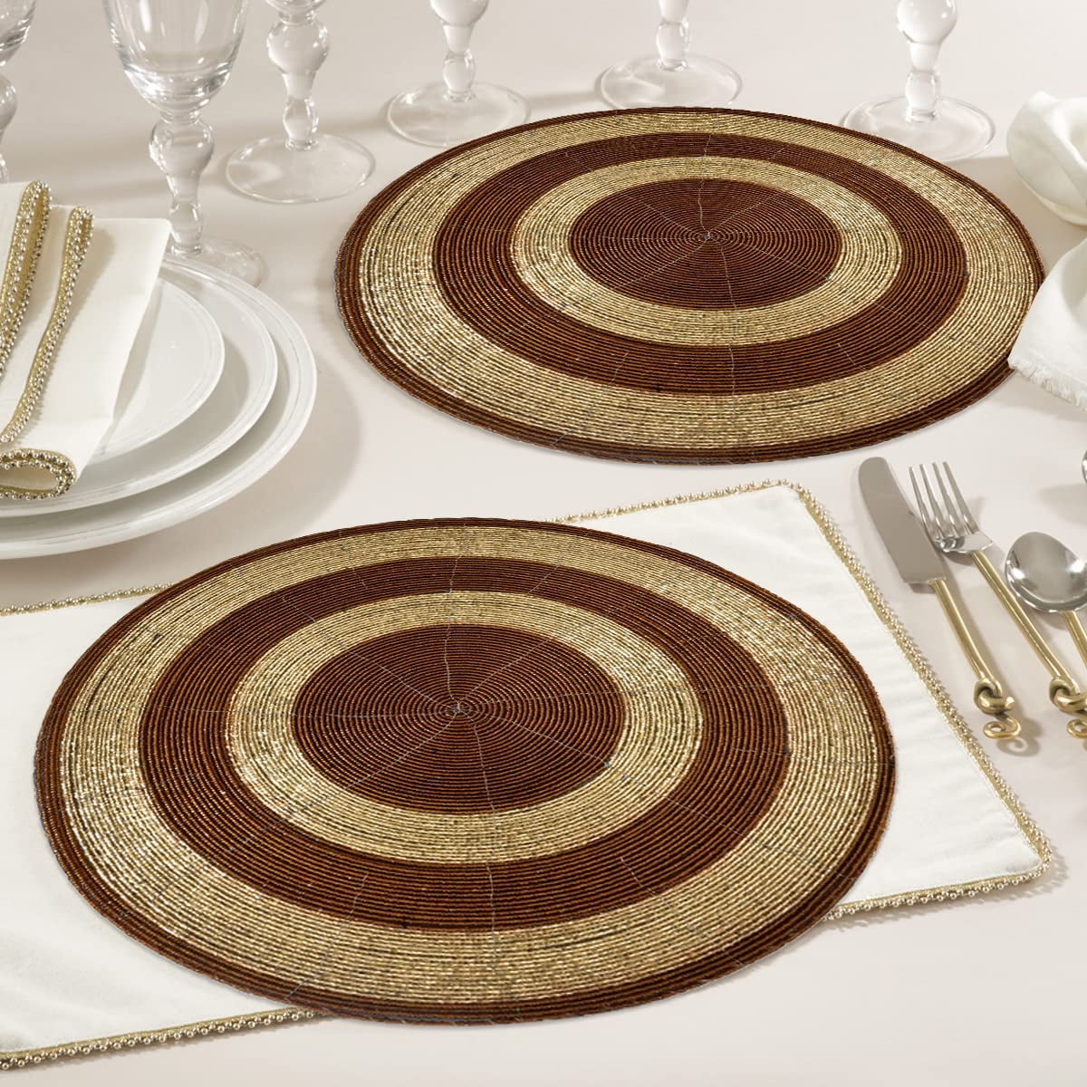 Beaded Placemats Set of 8 for Dining Table, Table Placemats, 14 Inches Round - Brown Gold