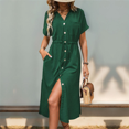 thumbnail image 7 of Women'S Solid Color Dress Summer Casual Short Sleeve Button V Neck Dresses Long Beach Shirt Dress with Pockets Ink Green L, 7 of 7