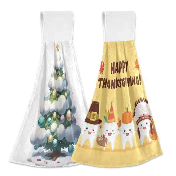 IAUYY Kitchen Hanging Towels Set of 2 100% Polyester Absorbent, Super Soft Hand Towels with Hanging Loops for Bathroom Kitchen Decorated with Snowflakes Cute Teeth Shape