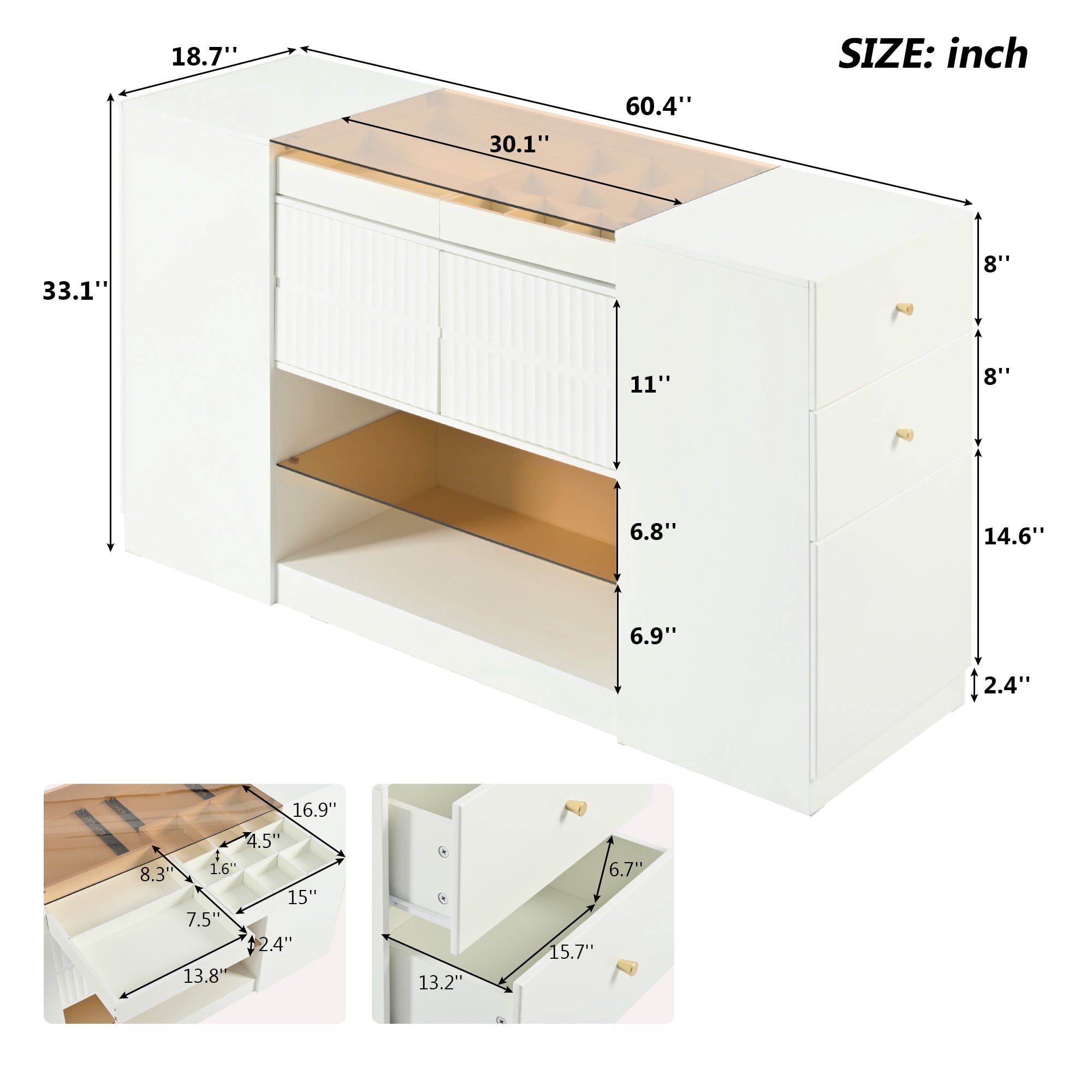 BaPiPro Modern Luxury Multi-Functional Island Vanity Dresser and Storage Cabinet with Glass Tabletop, Display Shelf, 6 Drawers, Cream White MDF