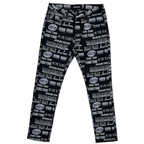 Homme Femme Men's All Over Logo Print Slim Fit Stretch Denim Jeans (30, Black)