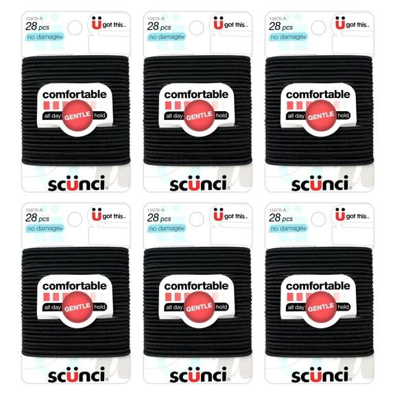 (6-Pack) Scunci No Damage Hair Elastics, Gentle Hold, Black, 28 pcs Each Pack