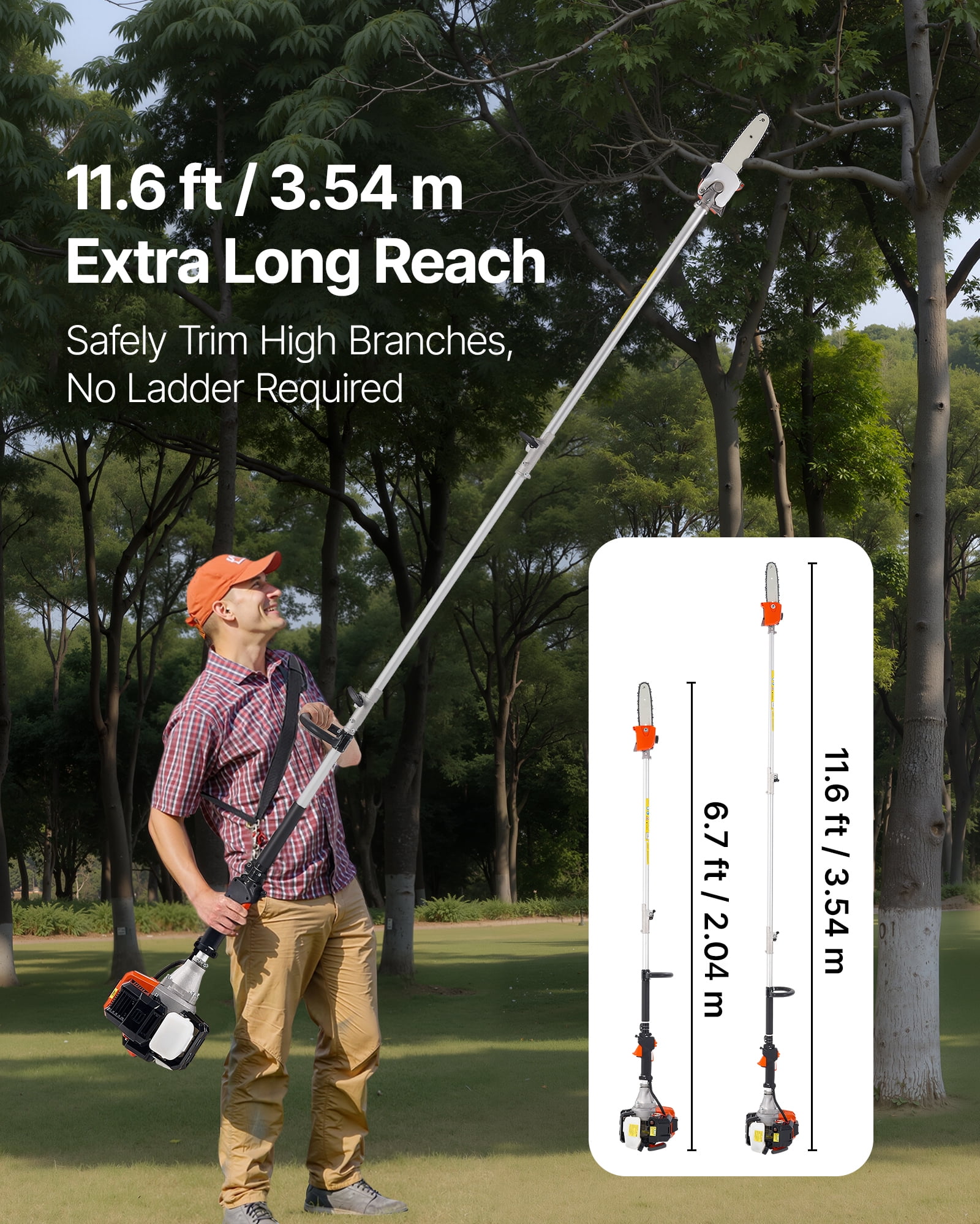 VEVOR Gas Pole Saw, 33CC 2 Stroke Gas Powered Pole Saws with 8 in Cutting Bar, Cordless Tree Trimmer with 30 fl.oz Fuel Tank, 6.7 to 11.6 ft Extendable, Powerful Chainsaw for Tree Trimming Pruning