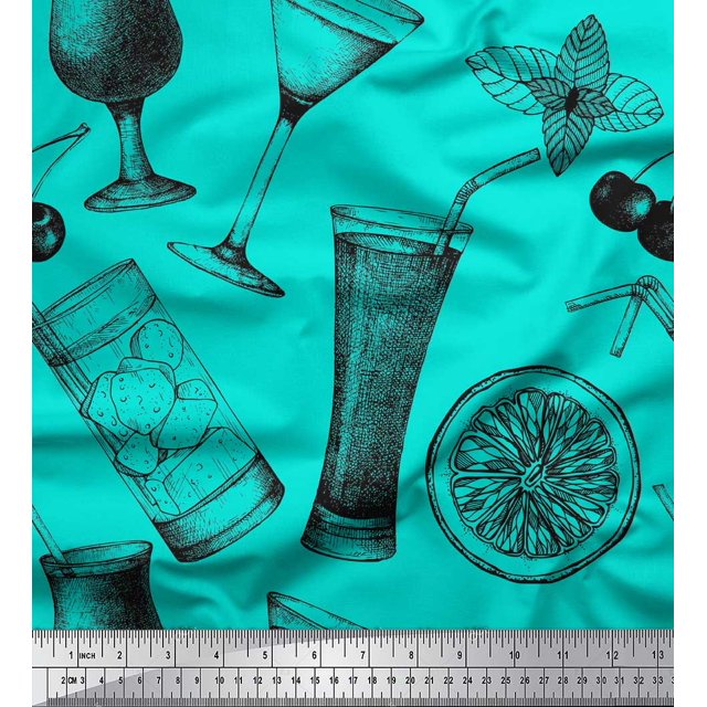 Soimoi Green Velvet Fabric Lemon Slice & Soft Drinks Summer Designs Print Sewing Fabric Yard 58 Inch Wide
