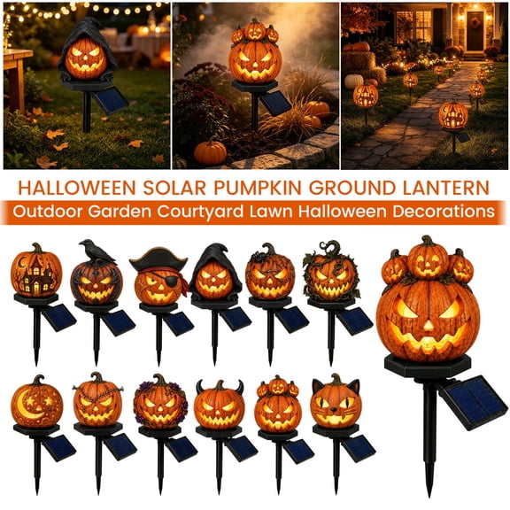 Rednachen Halloween Solar Pumpkin Stake Light, Jack O'Lantern Resin Warm LED Outdoor Decor for Garden Lawn Yard Pathway Halloween Holiday Spooky Party Decoration,A