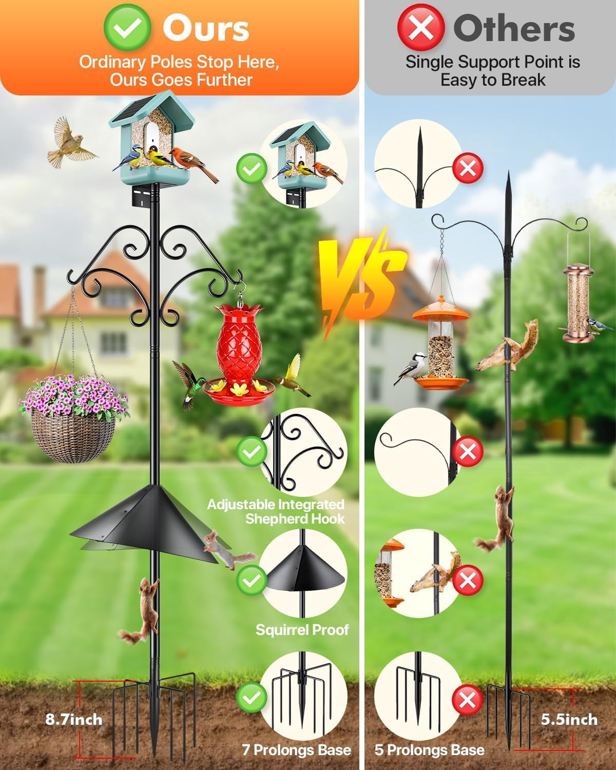 Smart Bird Feeder Pole Stand - 92 Inch Heavy Duty Bird House Pole with Squirrel Proof Baffle Shepherd Hooks for Outdoor - Adjustable Bird Feeding Station for Hanging Feeders Plants Wind Chimes