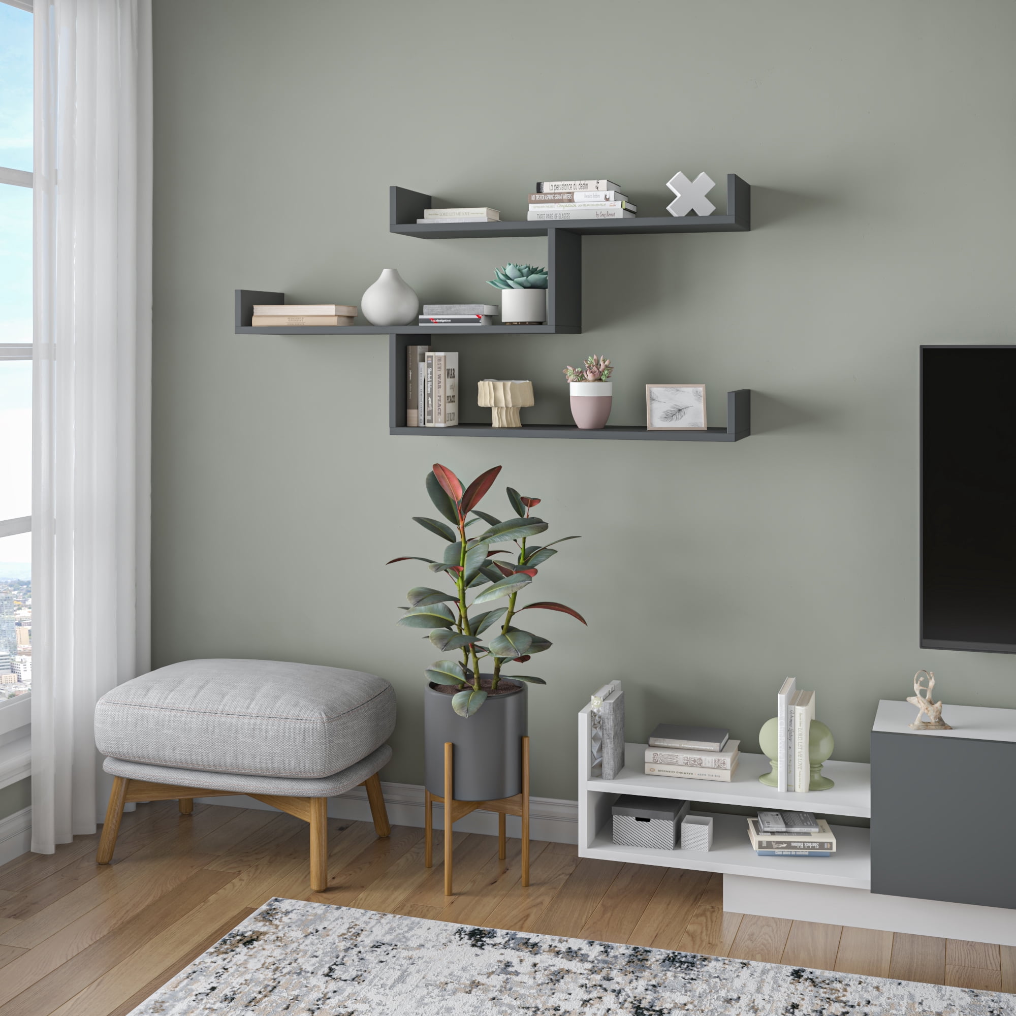 Ada Home Decor Furniture 47" 3 Tier Anthracite Wilton Modern Wall Shelf