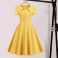 thumbnail image 3 of Quixlent Retro Women Dress Turn-down Collar Shortn Sleeves A-line Big Swing Buttons Slim Fit Solid Color 50s Ball Prom Midi Dress, 3 of 8