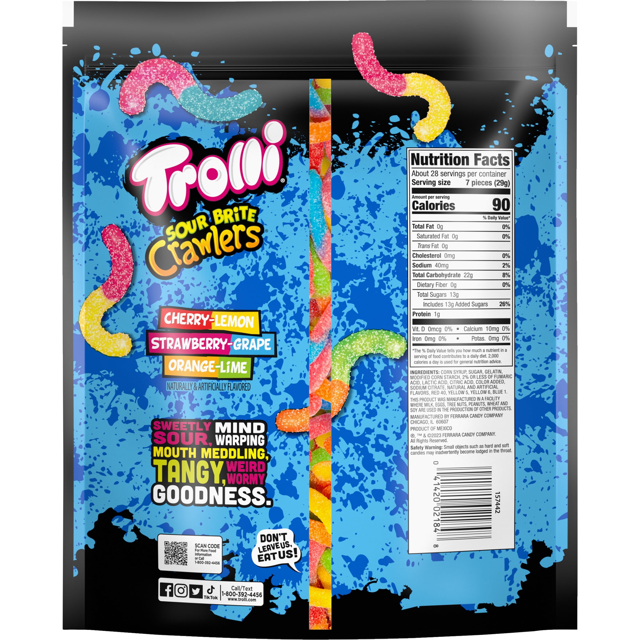 MS CandyCrown Sour Brite Crawlers, Candy, Cherry-Lemon, Strawberry-Grape & Orange-Lime, Sweet and Sour, Gummy Worms, 28.8 oz-Pack of 2