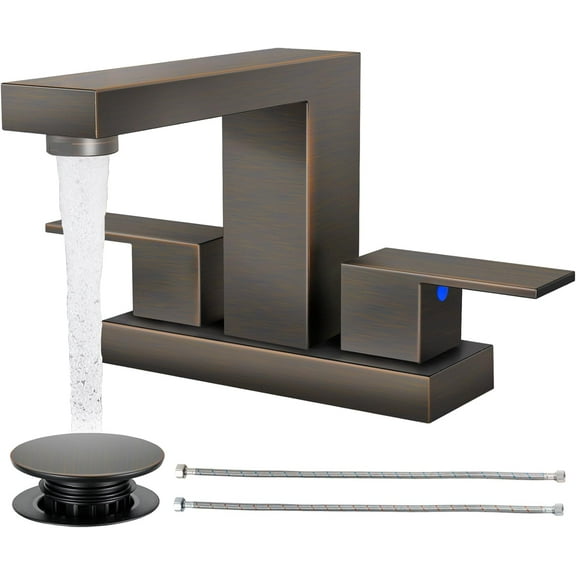 Bathroom Faucets for Sink 3 Hole, Oil Rubbed Bathroom Sink Faucet Square 4 Inch Centerset with Pop-Up Drain, 2 Handle and 2 Hoses, Stainless for Vanity Rv