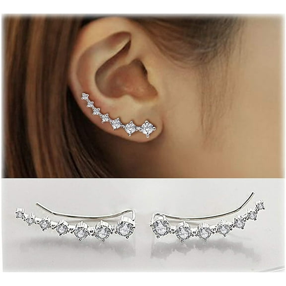 Earring for Women Cartilage,7 Crystals Ear Cuffs Hoop Climber S925 Sterling Silver Earrings with Cubic Zirconia CZ Hypoallergenic Piercing Gifts for Her