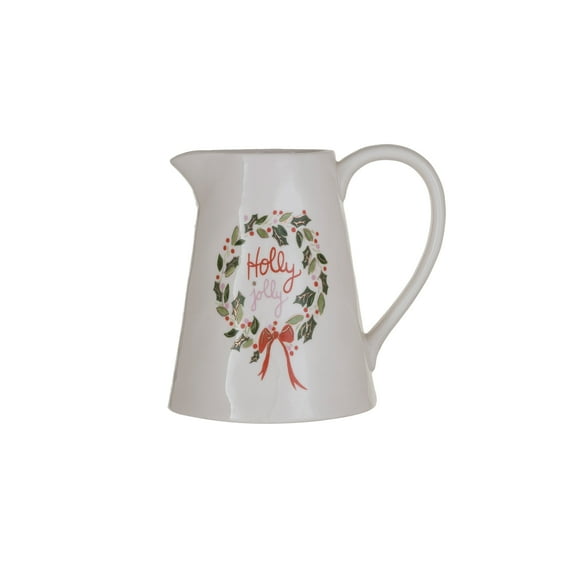 Creative Co-Op 1 Quart Stoneware Pitcher with Gold Electroplating "Holly Jolly", Multicolor
