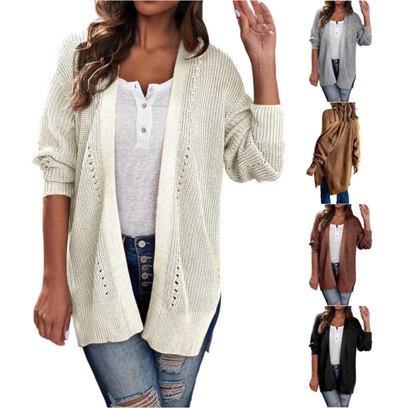 Trendfront Womens Solid Color Long Cardigan Open Front Long Sleeve Lightweight Knit Loose Fit Casual Everyday Layering Sweater Top