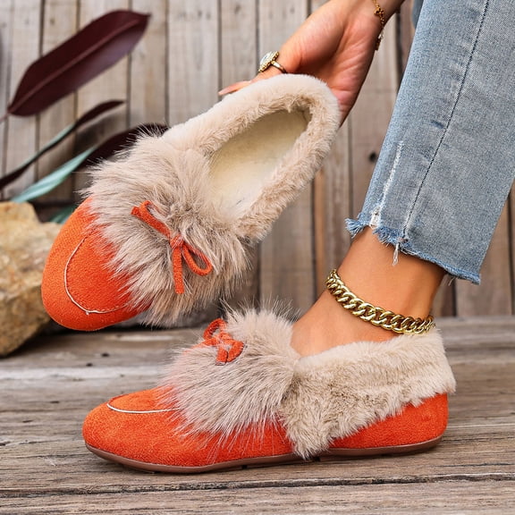 Wowcloth Women's Casual Winter Fleece-Lined Slip-On Cotton Shoes - Warm Round Toe Flat Slippers with Bow Decoration for Indoor Comfort