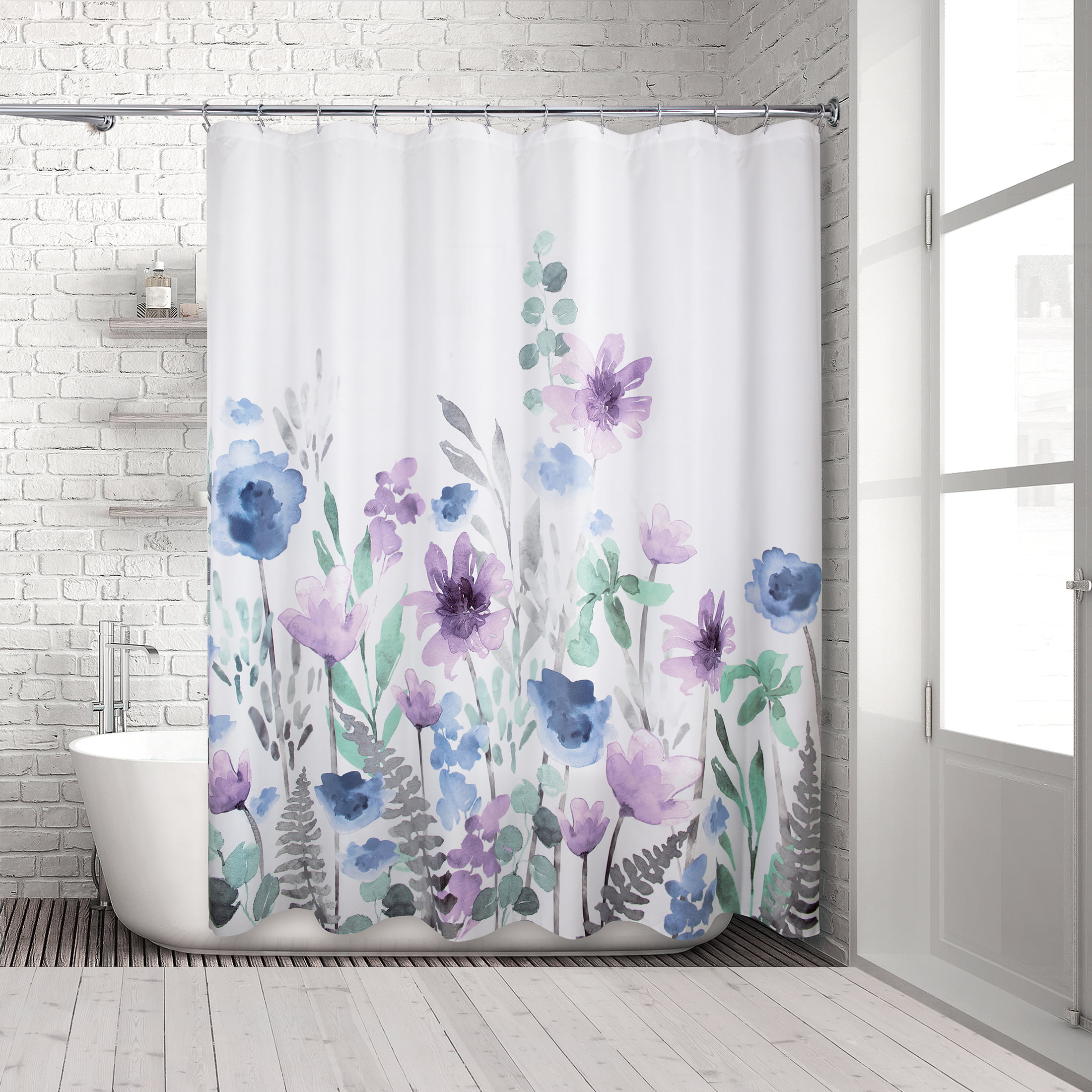 Fabric Shower Curtain for Bathroom Pruple Gray Floral Design 72IN x72 in 