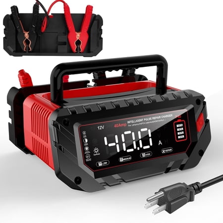 40 Amp Battery Charger, 6V/12V/24V Smart trickle Charger, car Battery Charger, Lithium, Lifepo4, Lead Acid (AGM/Gel/SLA...) Battery maintainer, desulfurizer, for: car, Boat, Motorcycle, Lawn mowers..