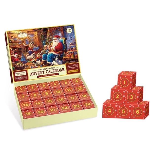 Caja de calendario de Navidad para niños, cuenta regresiva de 24 días, rompecabezas sorpresa, 1008 piezas, Papá Noel, regalo sorpresa novedoso