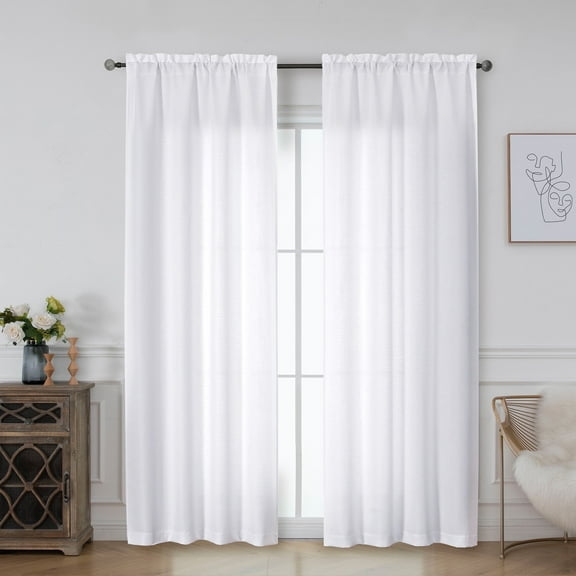 OVZME Bethany Faux Linen White Curtains 84 Inches Long 2 Panels Set, Solid Soft Airy Light Filtering Slub Textured Farmhouse Window Treatments with Rod Pocket for Living Room Bedroom, 40Wx84L Inch