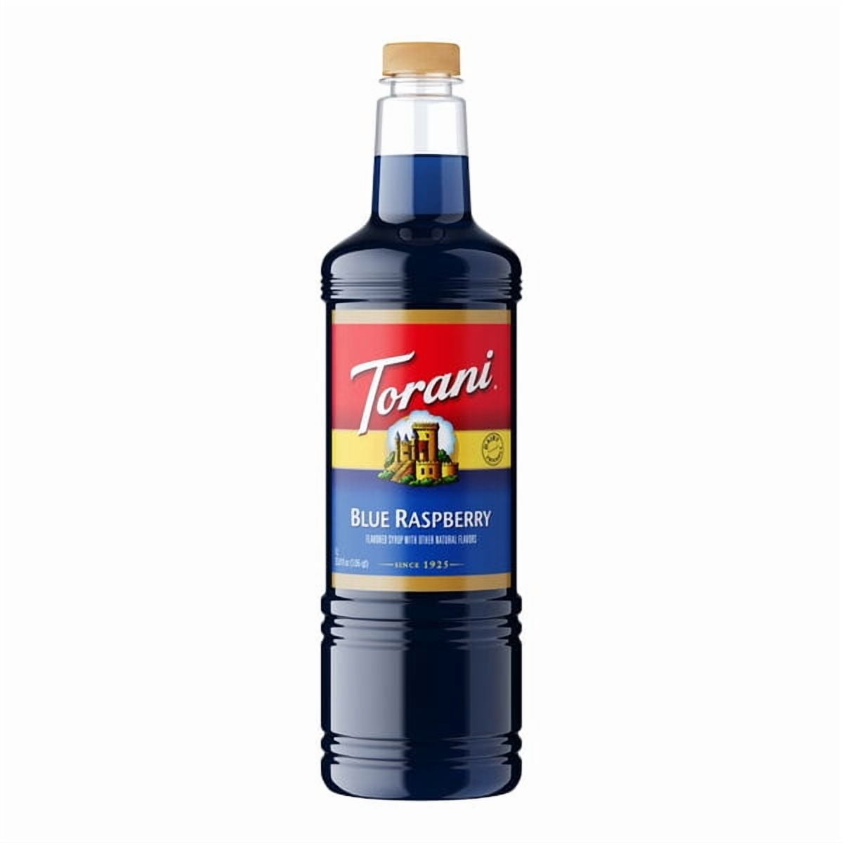 Torani Blue Raspberry Flavored Syrup, 1 Liter Plastic Bottle + Gold Syrup Pump