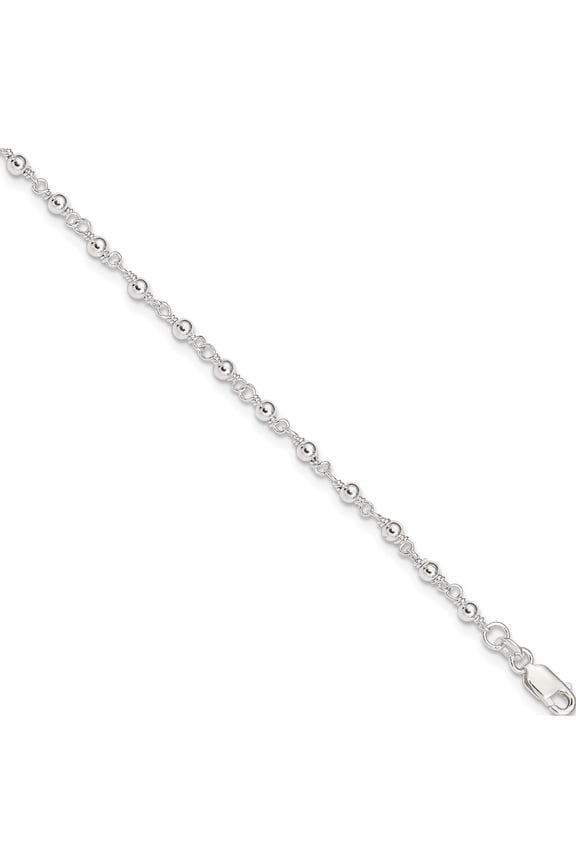 Sterling Silver Fancy Bead 9 Inch Plus1 Extension Anklet Made In India qg1361-10