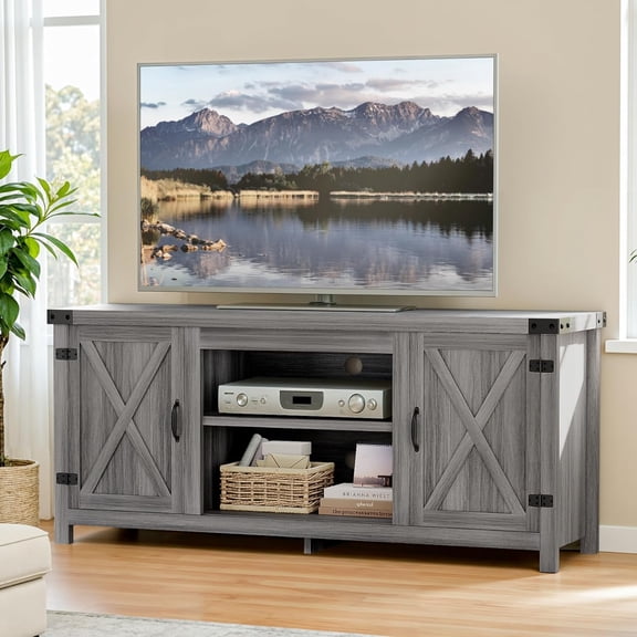 Modern Farmhouse TV Stand with Two Barn Doors and Storage Cabinets for TVs up to 65 Inches, Entertainment Center, Light Grey