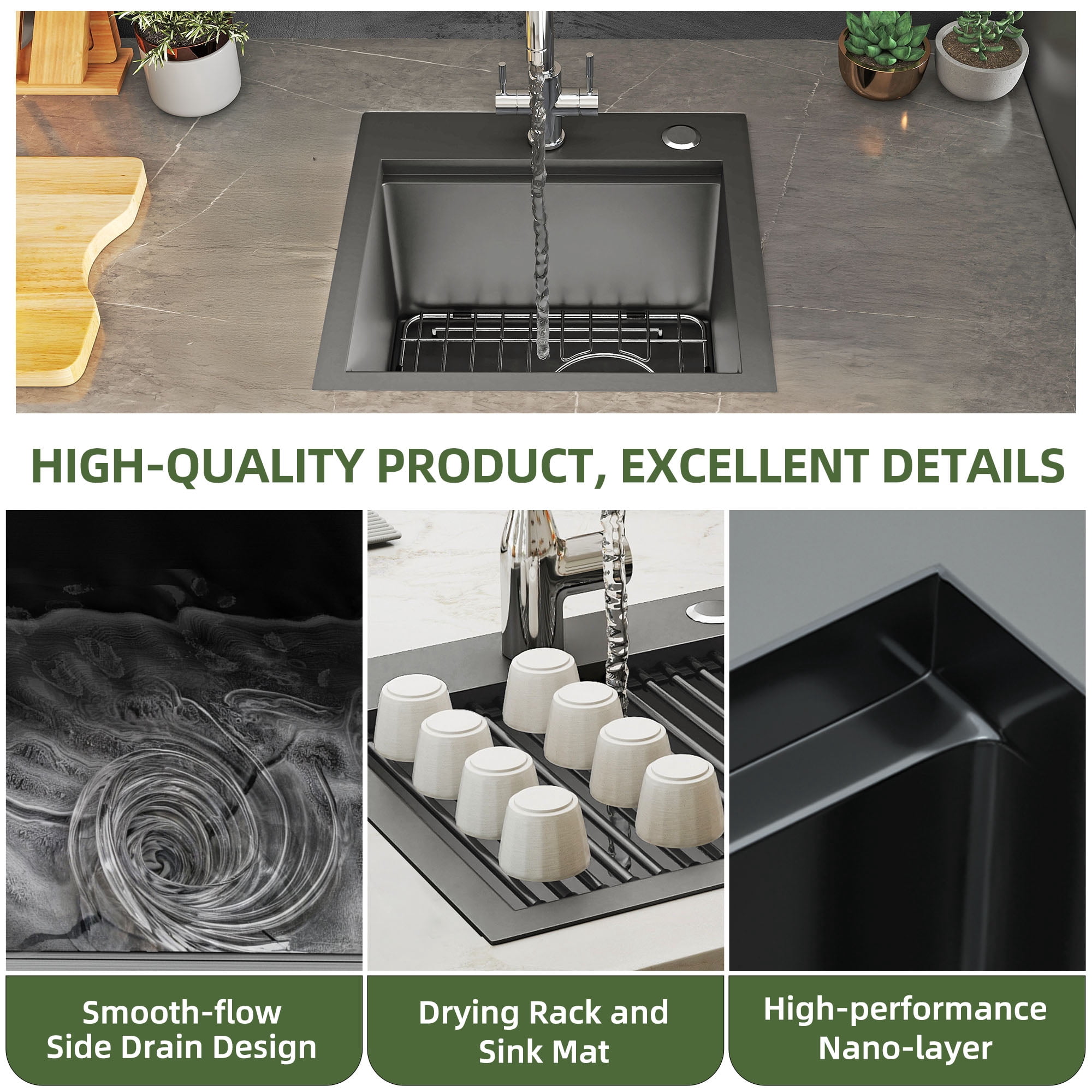 Uforic Drop-in Gunmetal Black Kitchen Sink Workstation with Cutting Board & Accessories, 15x15x9 in