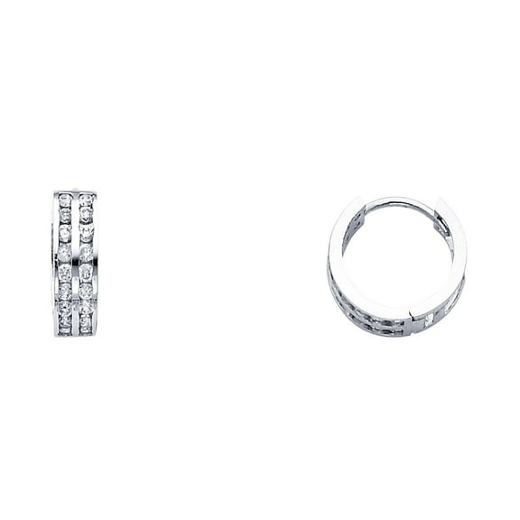 14k White Gold Two Rows Round Simulated Diamonds Huggies Hoop Earrings 4mm