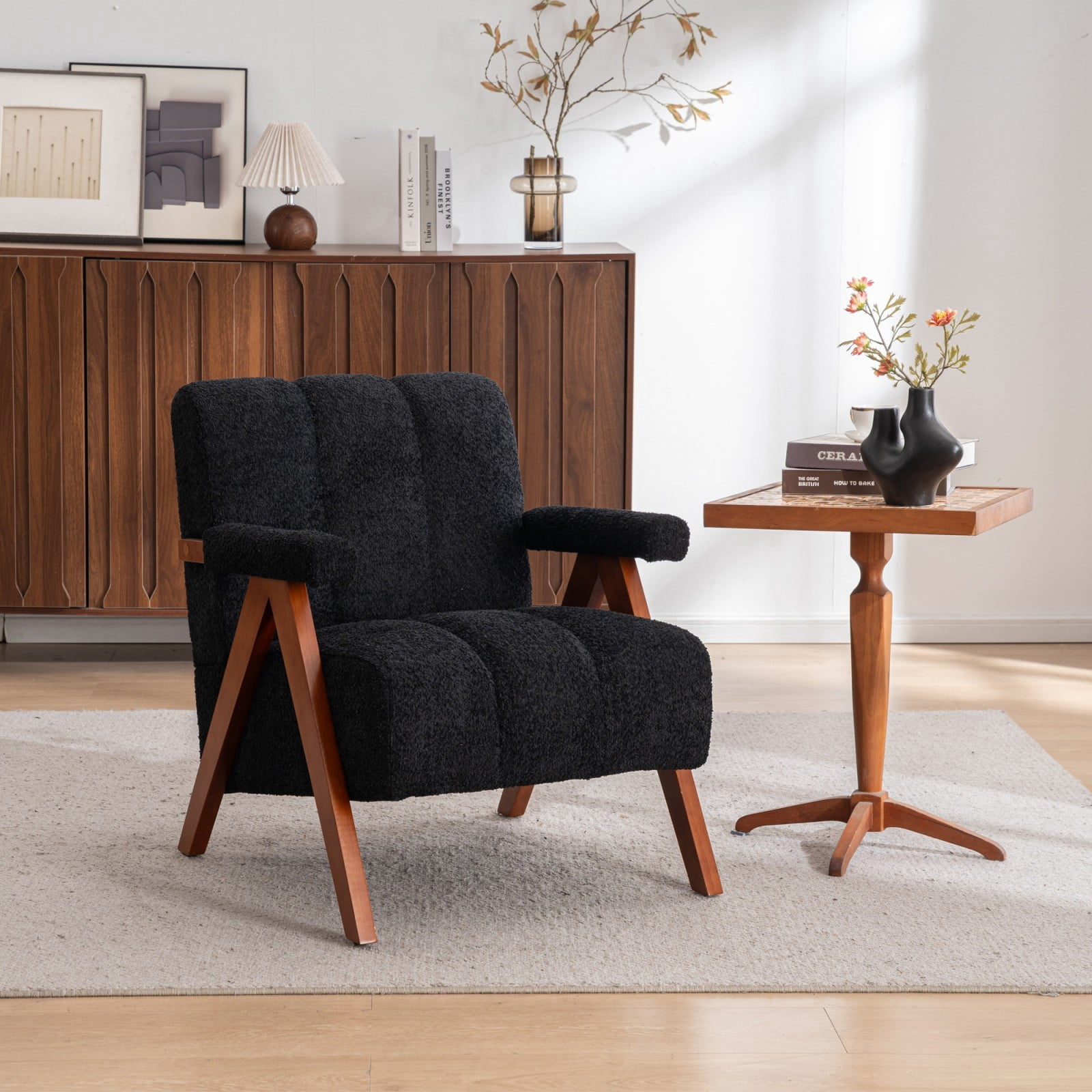 Mid-Century Modern Accent Chair Cloud-Shaped Chenille Lounge Armchair with Solid Oak Wood Frame, Upholstered Reading Chair for Living Room Bedroom Balcony, Black