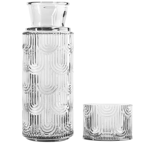European Vintage Glass Carafe with Cup Set, 640ml Water Jug and 180ml Glass, Modern Design with Lid, Perfect for Nightstand, Bathroom, Kitchen, and More