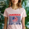 thumbnail image 5 of America EST 1776 Smiley Face Shirt – USA Flag Checkerboard Patriotic Tee, Heliconia, Size L, 5 of 6