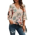 thumbnail image 1 of Franhais Women Summer  Blouse Chiffon Floral/Leopard Print Vintage V-Neck 3/4 Flared Sleeve Loose Tops, 1 of 5