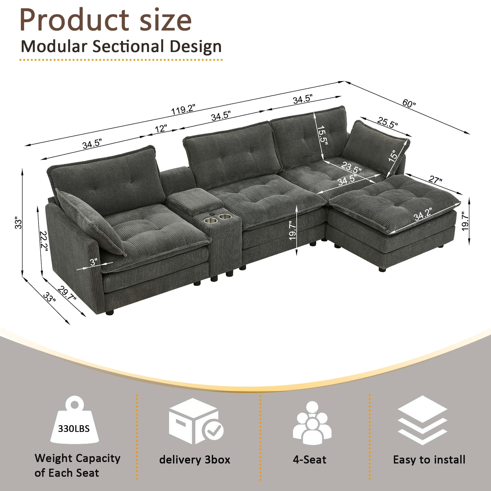 Gewnee 119" L-Shaped Sectional Sofa,Modern Corduroy Modular Sofa Couch with Storage Function,USB &Cup Holders,Movable Ottoman Sectional Couch for Living Room,Gray