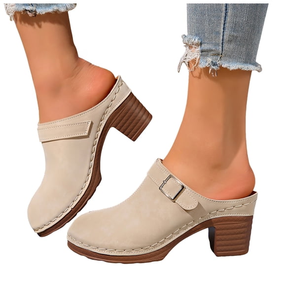 Rokment Womens Platform Chunky Block High Heels Dressy Clogs and Mules Slip on Sandals 2026 Summer Fashion Casual Suede Closed Toe Buckles Heeled Ladies Dress Slides Beige Size 6