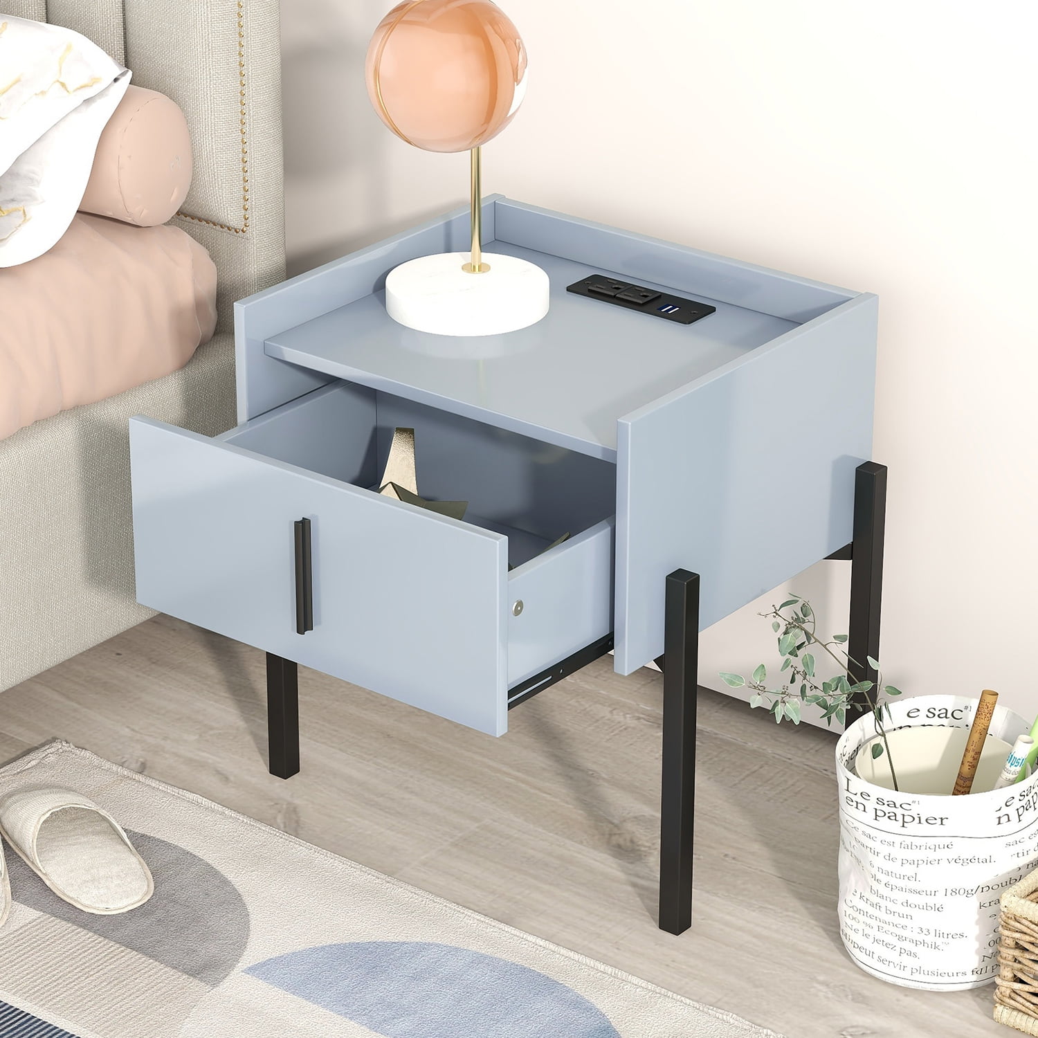 Kadyn Modern Nightstand with Drawer, Bedside Table with USB Charging Ports, Storage End Table for Living Room and Bedroom, Blue