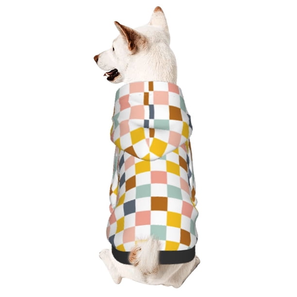 Fotbe Colorful Checkered 1 Sudadera con Estampado para Perros Pequeños – Suéter con Capucha para Mascotas, Tela Suave de Forro Polar con Bolsillo-XX-Large