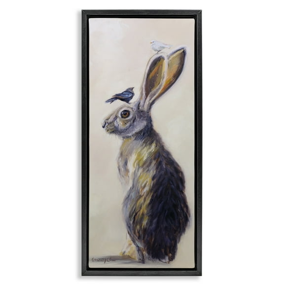Stupell Industries Minimal Rabbit & Perched Birds Animals & Insects Painting Black Floater Framed Canvas Art Print Wall Art, 11 x 25