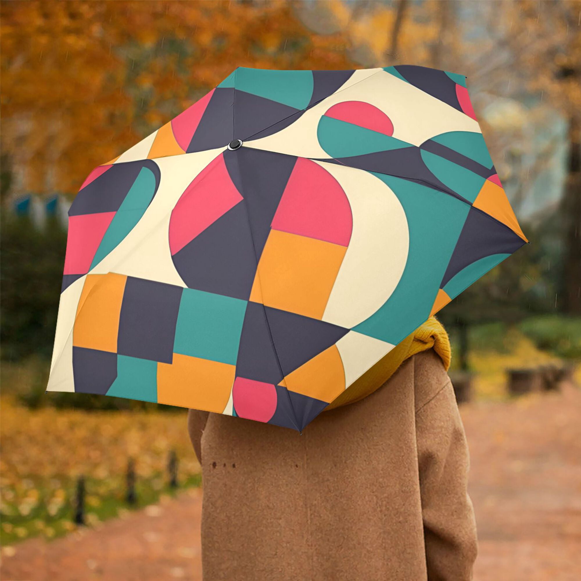 FORMRS Travel Umbrella Folding Auto Open Close Windproof Rain UV Protection, Retro Geometric