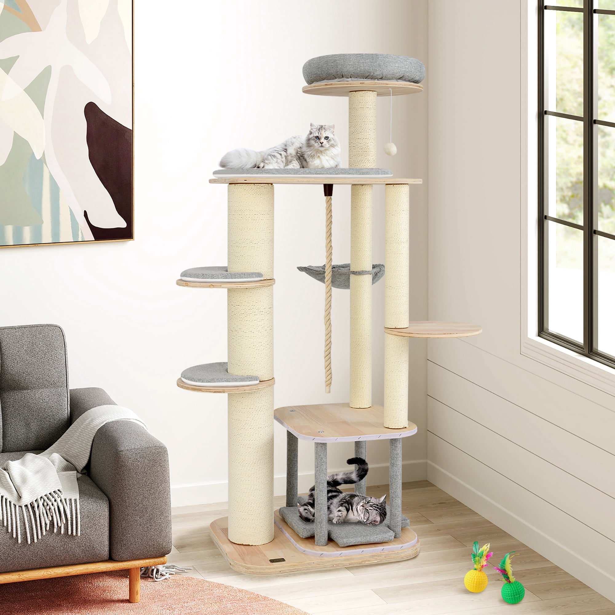 Gymax 63'' Tall Modern Cat Tree w/ Perch Condo Hammock 5.6'' Scratching Posts