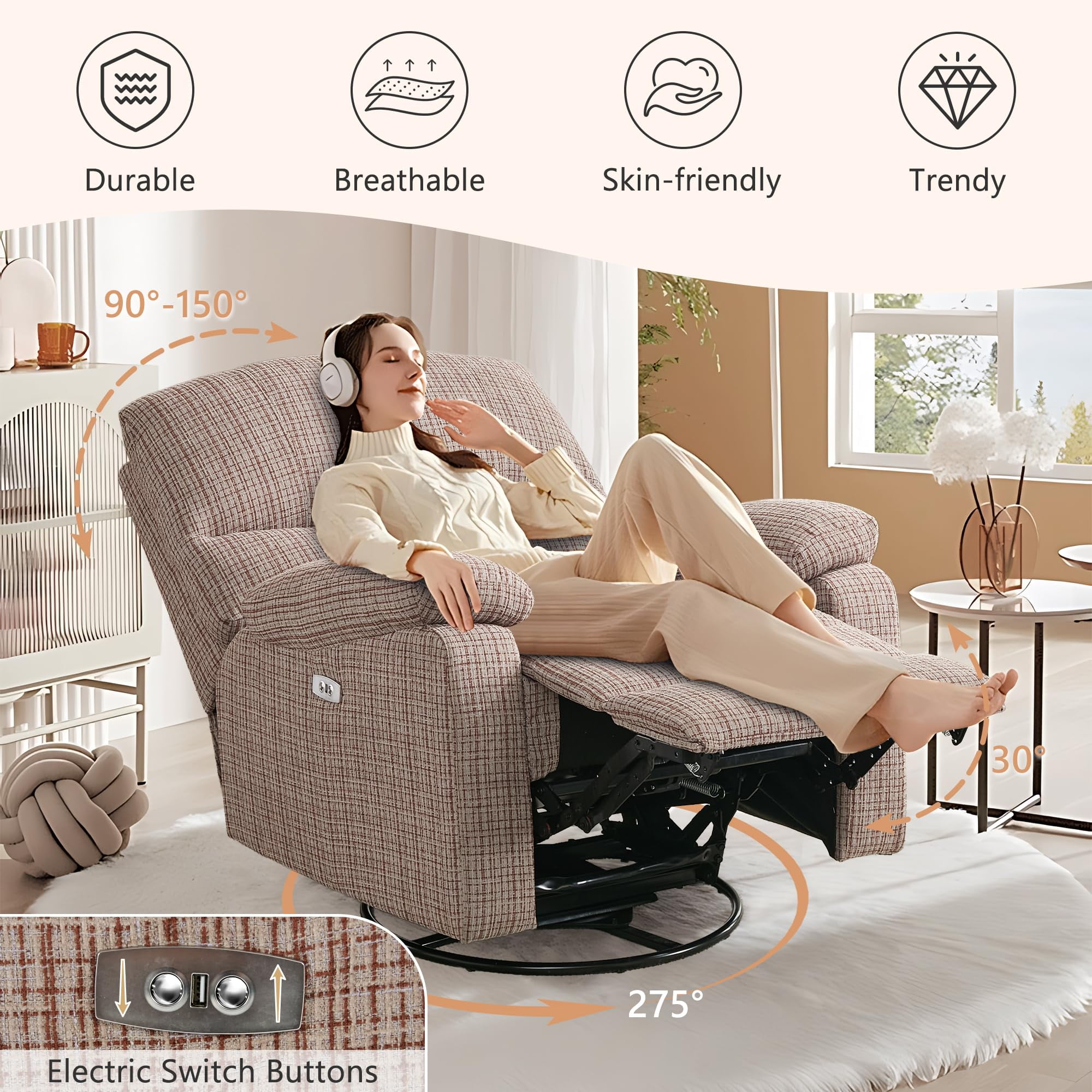 Power Recliner Chairs for Adults, Swivel Rocker Recliner Chair, Adjustable Electric Recliner with USB Port, Rocking Chair Nursery, Small Recliner for Living Room, Brown