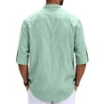 thumbnail image 4 of Satingcolo Linen Henley Shirts for Men V Neck Long Sleeve Band Collar Button Shirts Casual Breathable Vacation Hippie Top,Green 2XL, 4 of 5