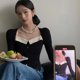thumbnail image 5 of Suéter de punto vintage MEXZT para mujer, jerséis cortos con cuello cuadrado, prendas de punto elegantes y ajustadas de estilo coreano, jerséis sencillos con retazos, 5 of 5