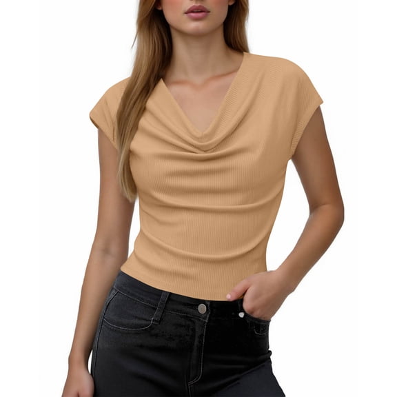 Frnrwgo T Shirts for Women, Ribbed V-Neck Short Sleeve Tee, V-Neck Solid Color Casual Summer Wear