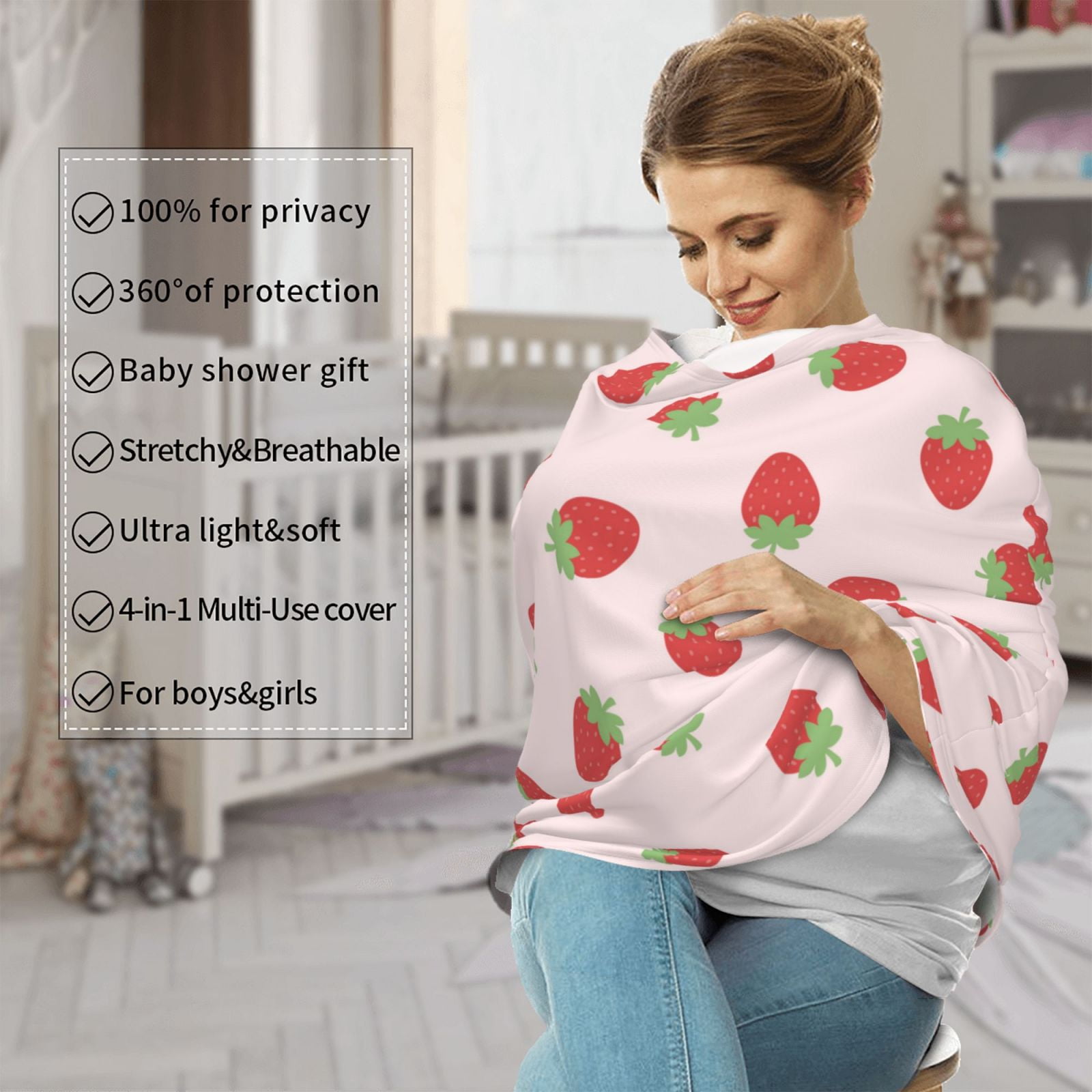 Fotbe Strawberry Pattern Car Seat Covers for Babies, Nursing Breastfeeding Cover Infant Carseat Canopy, Soft Stretchy Carrier Cover