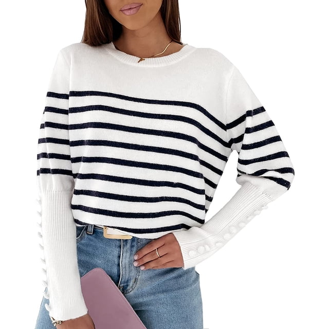 Chandails pour Femmes Décontractés à Manches Longues Col Rond Rayé Pull d'Hiver en Tricot