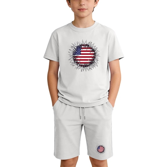 4th of July Unisex White 2 Piece Shorts Set for Kids Boys Girls Patriotic USA Flag Print Summer Outfit Size 100-160,Size 6 T