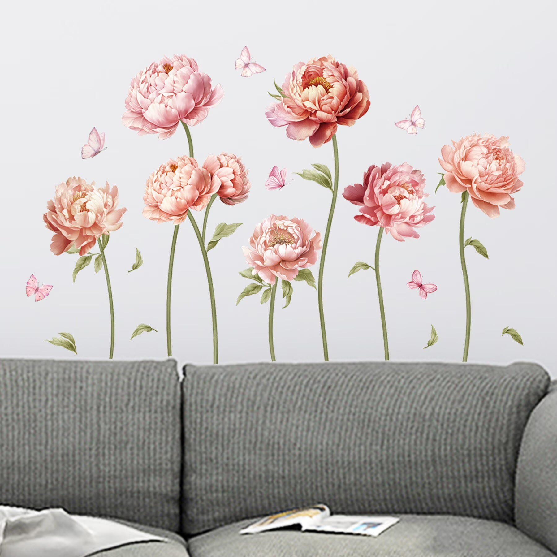 Pink Peony Rose Flower Wall Stickers Boho Floral Transparent sticker Peel and Stick Wall Art Decals for Girls Bedroom Living Room TV Wall Office Wall Decor glass decals