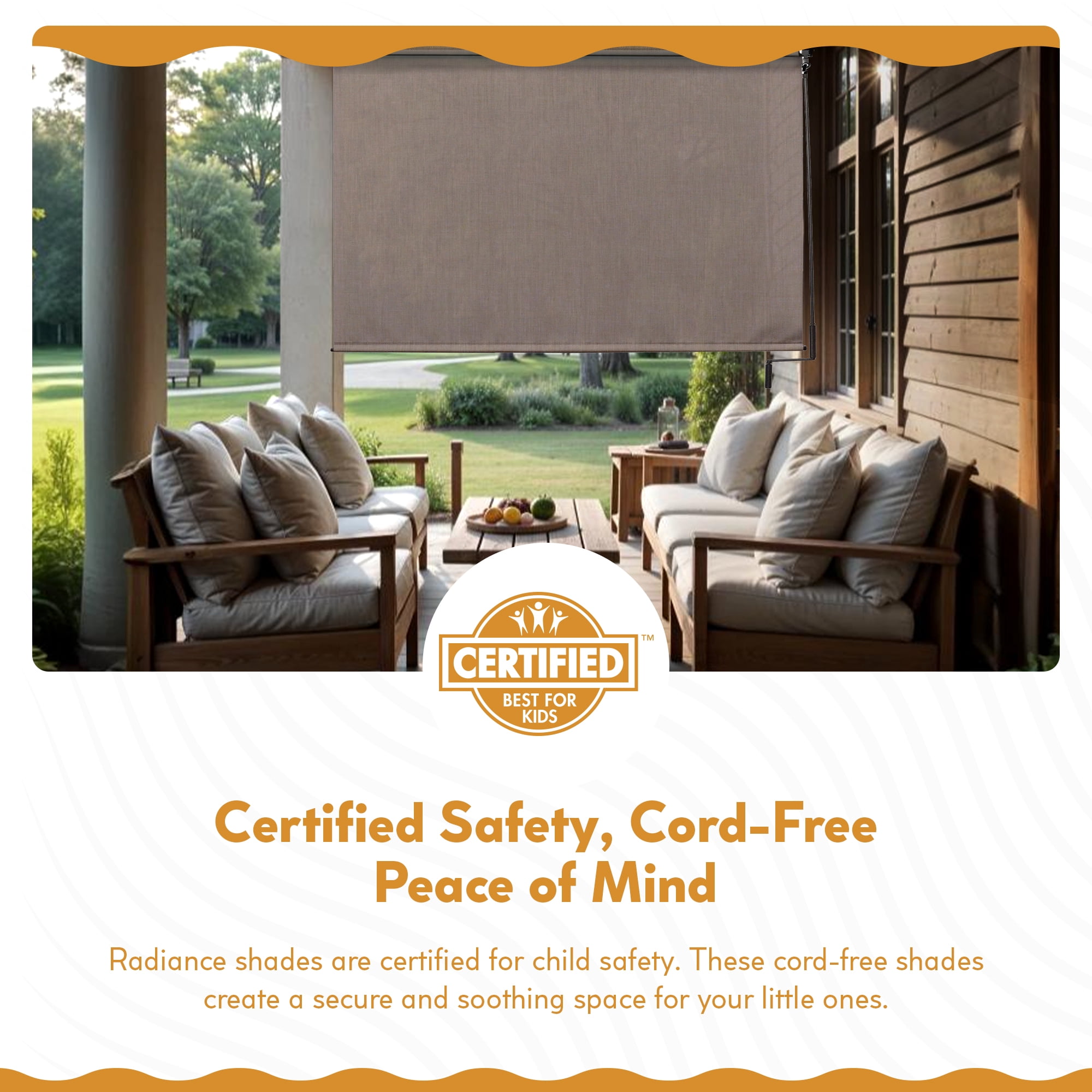 Radiance Cordless Blinds, Exterior Crank Operated Solar Sun Shade, Coconut Brown, 8'W x 6'L