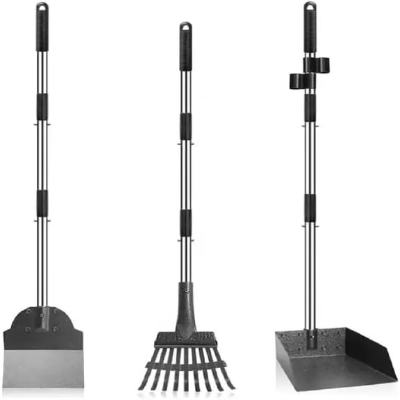 Dog Pooper Scooper Set, 3-Pack Tray Rake & Spade with Adjustable Long Handle, Metal Poop Scoop with Bin, No-Bend Pet Waste Cleaner for Large & Small Dogs