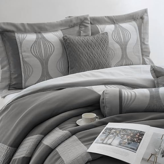 Grand Avenue 7 Piece Grey Comforter Set, Queen Size Jacquard Bedding Set, All Season Geometric Patchwork Bedding Set, Matching Pillows, Shams, Bed Skirt